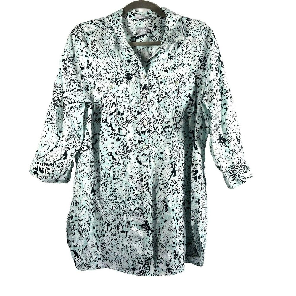 Chico's Women's Blouse Top Large 100% Linen Paisley Button Up 3/4 Sleeve Blue‎